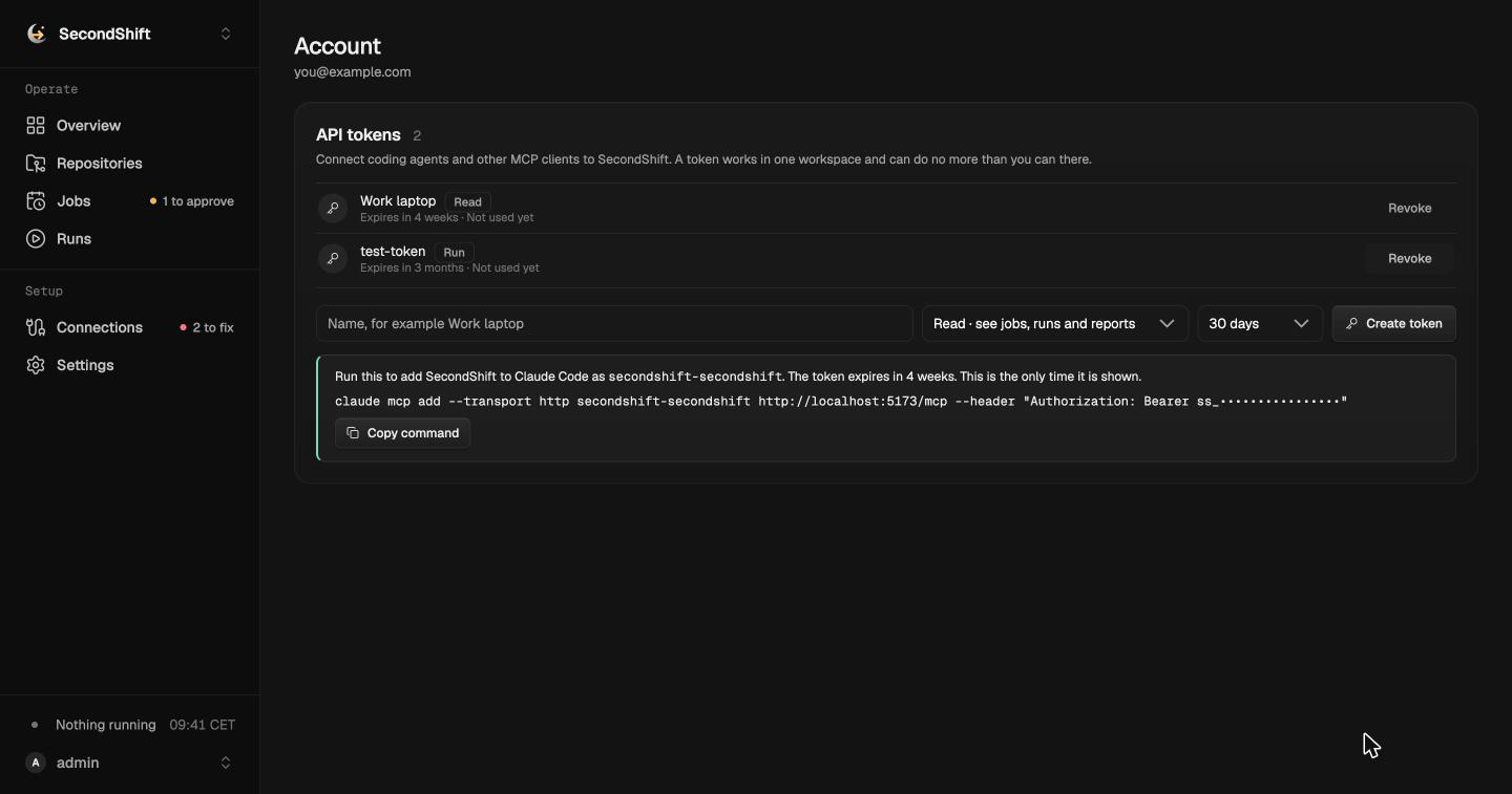API tokens on the account page